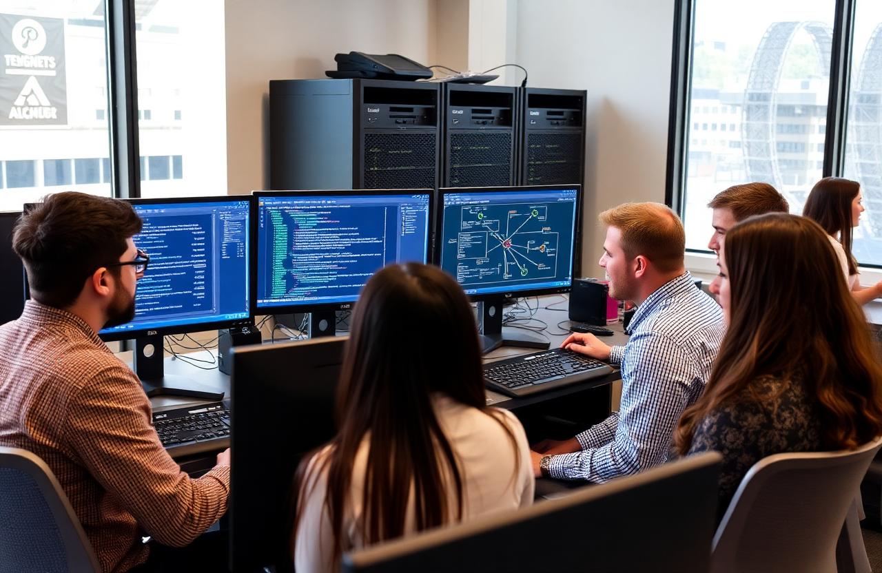IT student working on a computer in a technology training environment