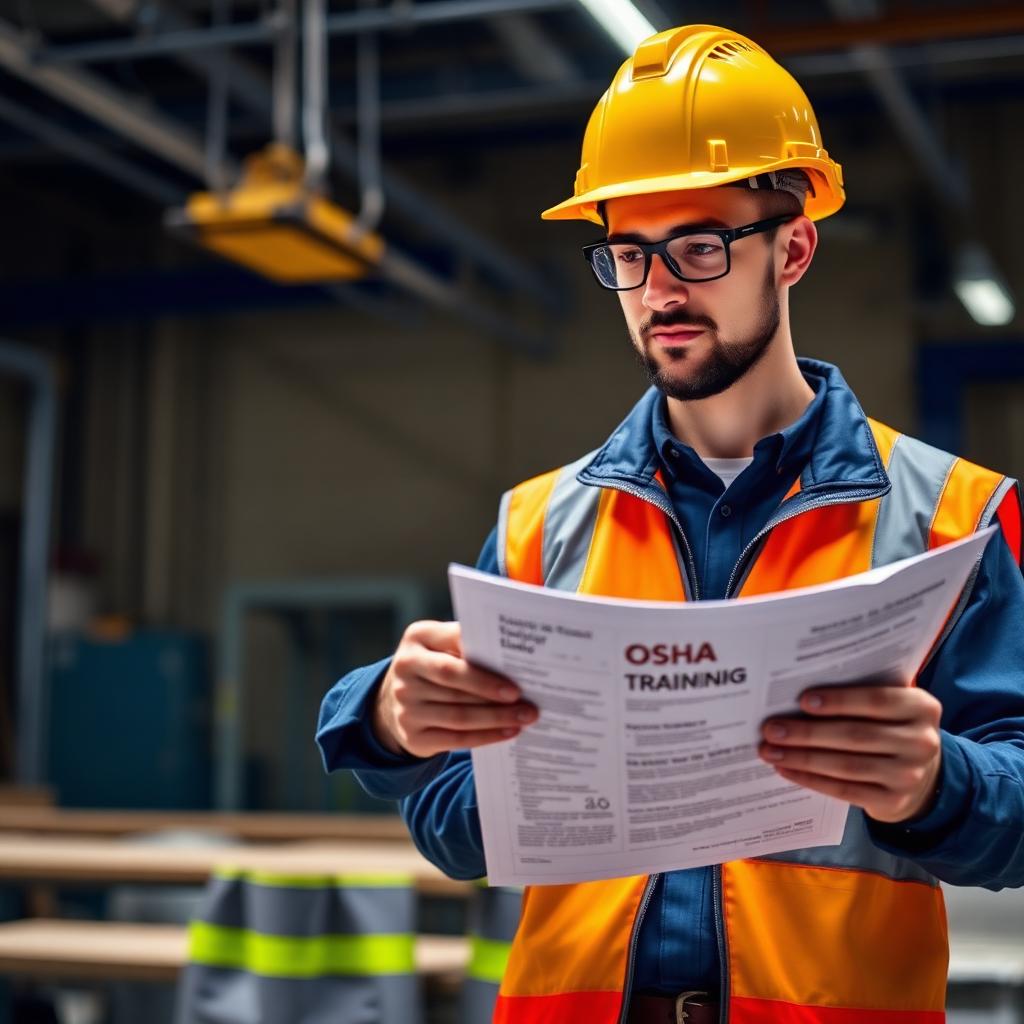 Safety professional in PPE reviewing OSHA training materials